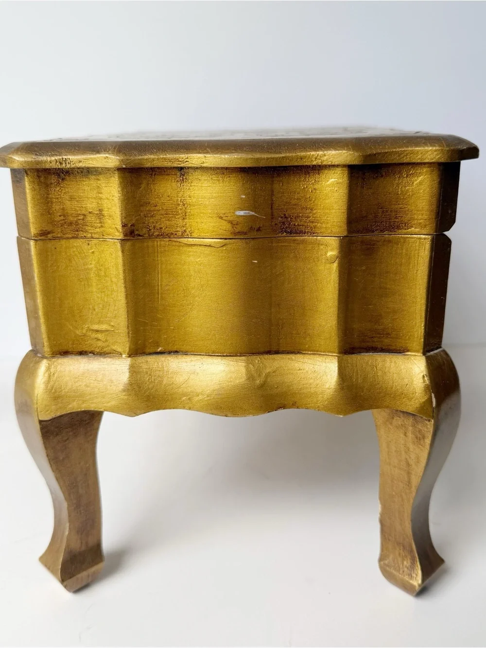 Vintage Italian Florentine Gilt Gold Wooden Hinged Chest Musical Jewelry Box